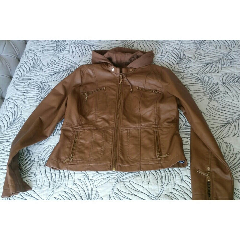 Brown Faux Leather hooded Jacket